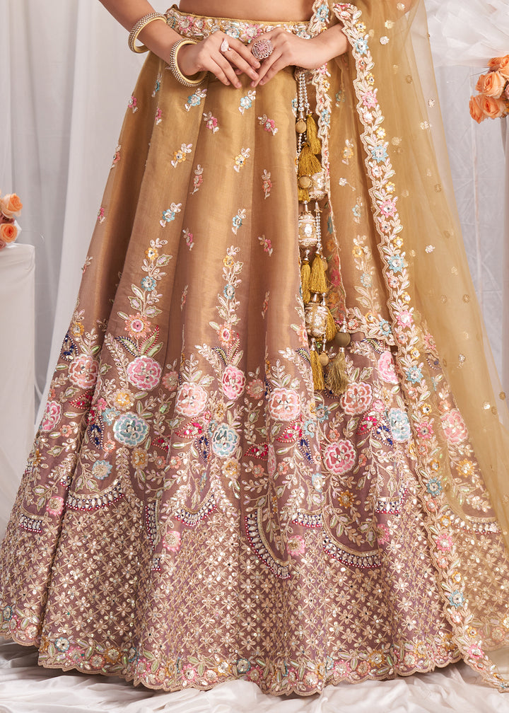 Light Brown & Pink Net Lehenga Choli Adorned with Pearl & Gotapatti Embroidery work: The Bride's Edit