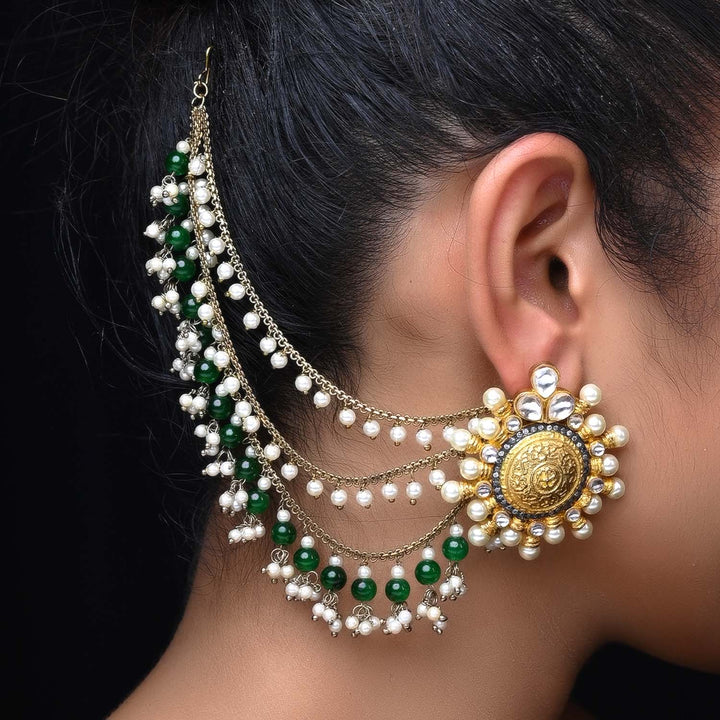 Manpreet Green Emerald Gold Plated Ear Chain - Kaan