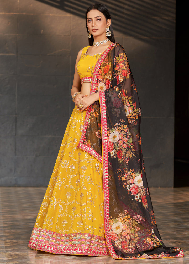 Auerolin Yellow Georgette Lehenga Choli with Sequins,Zari & Thread Embroidery work