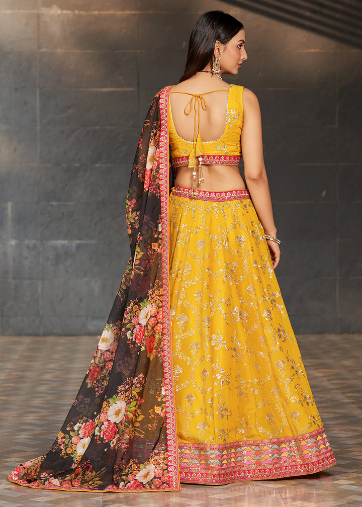 Auerolin Yellow Georgette Lehenga Choli with Sequins,Zari & Thread Embroidery work