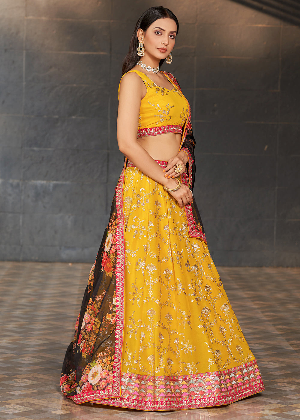 Auerolin Yellow Georgette Lehenga Choli with Sequins,Zari & Thread Embroidery work