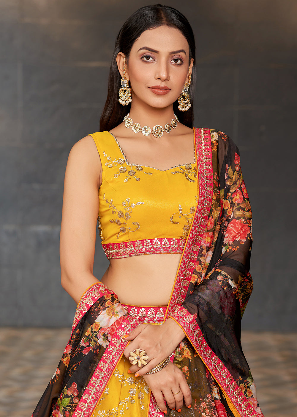 Auerolin Yellow Georgette Lehenga Choli with Sequins,Zari & Thread Embroidery work