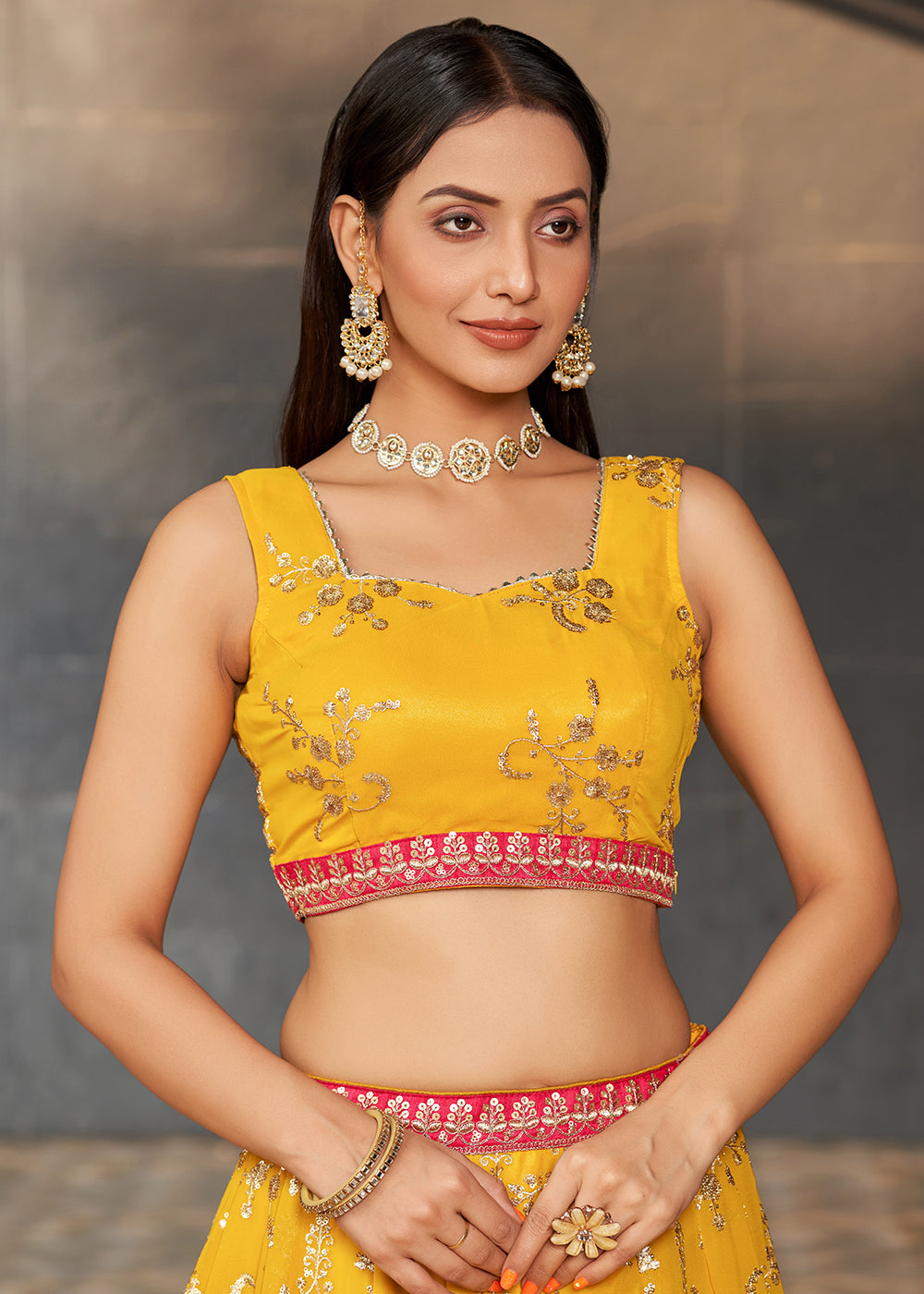 Auerolin Yellow Georgette Lehenga Choli with Sequins,Zari & Thread Embroidery work