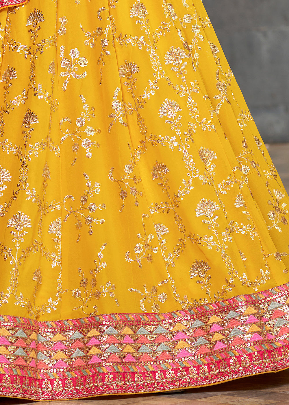 Auerolin Yellow Georgette Lehenga Choli with Sequins,Zari & Thread Embroidery work