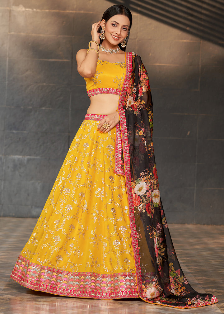 Auerolin Yellow Georgette Lehenga Choli with Sequins,Zari & Thread Embroidery work