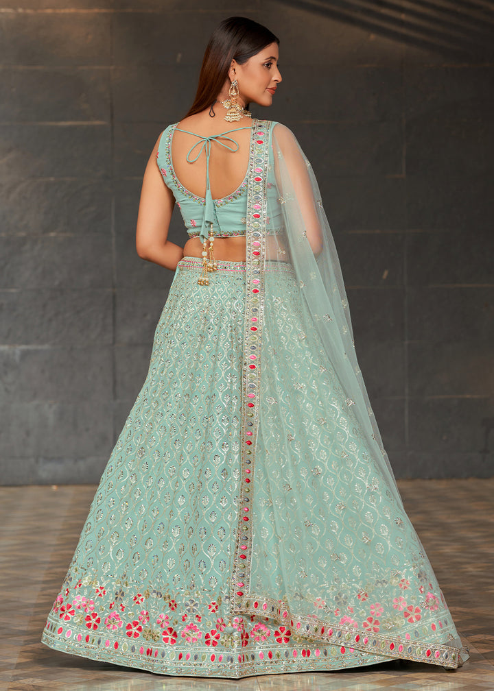 Light Turquoise Blue Georgette Lehenga Choli with Sequins,Zari & Thread Embroidery work