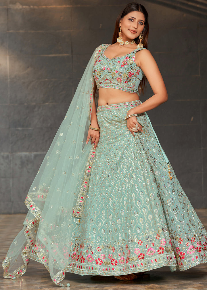 Light Turquoise Blue Georgette Lehenga Choli with Sequins,Zari & Thread Embroidery work