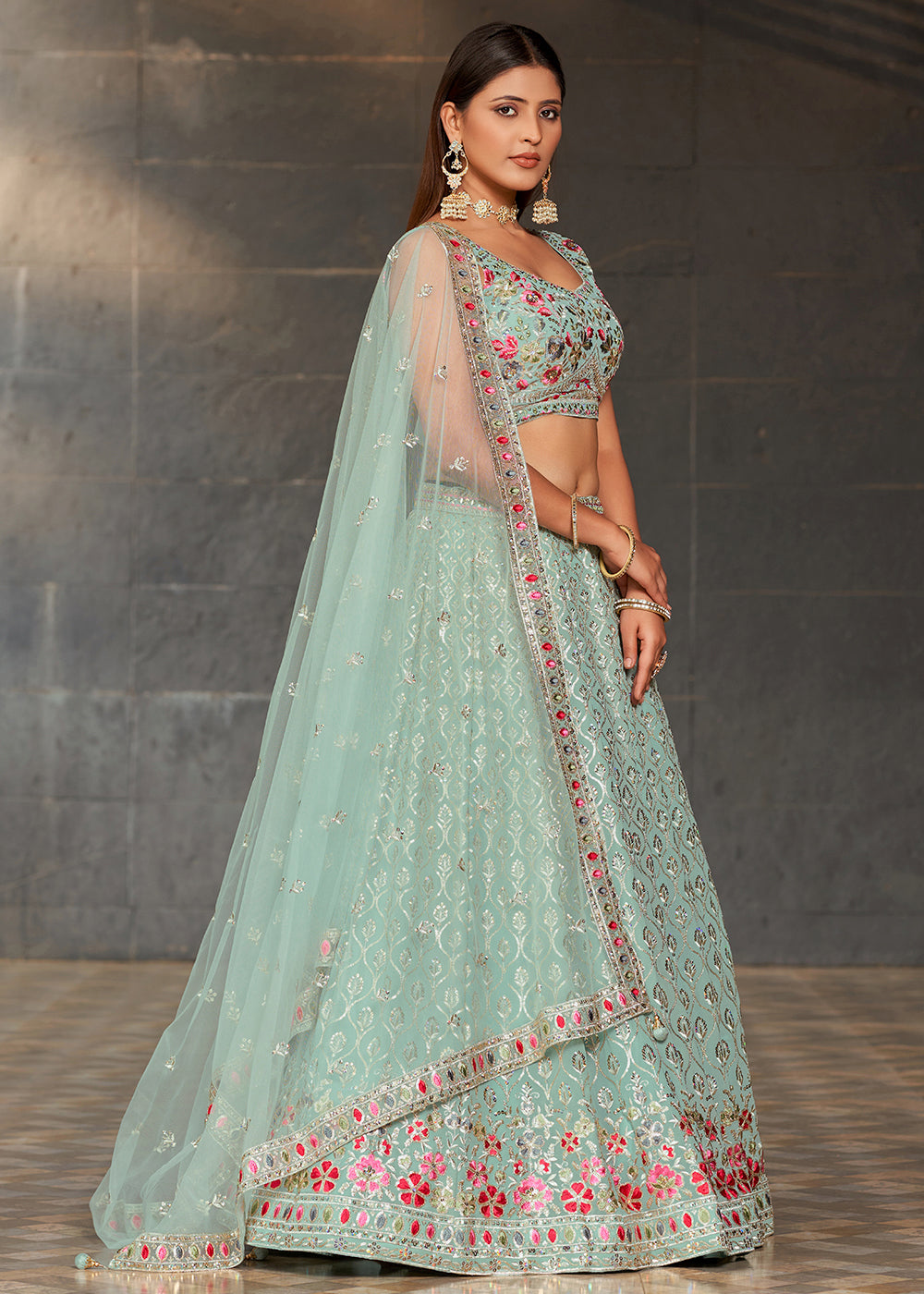 Light Turquoise Blue Georgette Lehenga Choli with Sequins,Zari & Thread Embroidery work