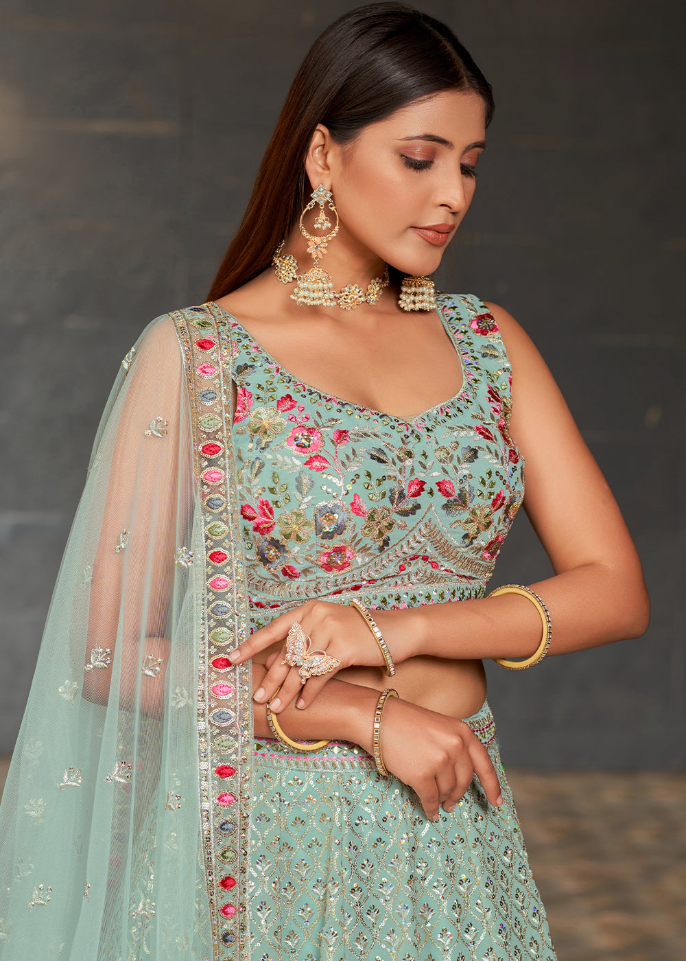 Light Turquoise Blue Georgette Lehenga Choli with Sequins,Zari & Thread Embroidery work