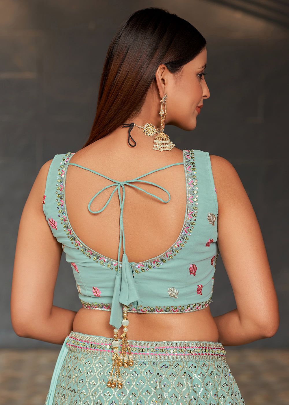 Light Turquoise Blue Georgette Lehenga Choli with Sequins,Zari & Thread Embroidery work