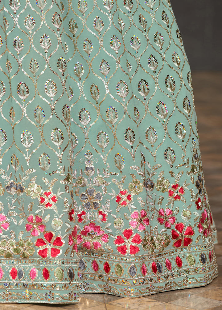 Light Turquoise Blue Georgette Lehenga Choli with Sequins,Zari & Thread Embroidery work