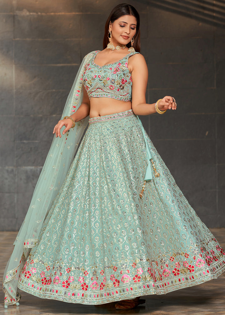 Light Turquoise Blue Georgette Lehenga Choli with Sequins,Zari & Thread Embroidery work