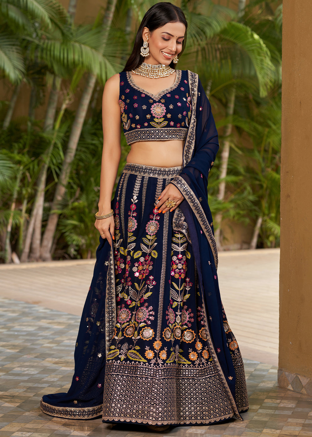 Navy Blue Georgette Lehenga Choli with Sequins,Zari & Thread Embroidery work