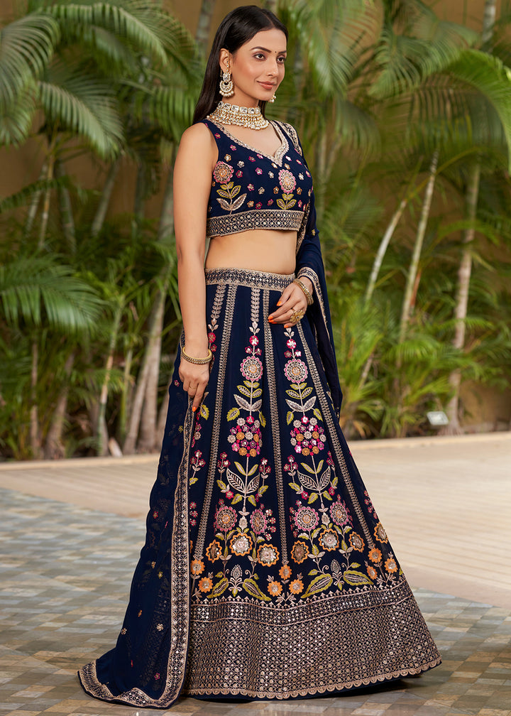 Navy Blue Georgette Lehenga Choli with Sequins,Zari & Thread Embroidery work