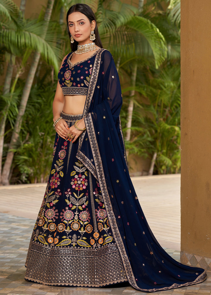 Navy Blue Georgette Lehenga Choli with Sequins,Zari & Thread Embroidery work