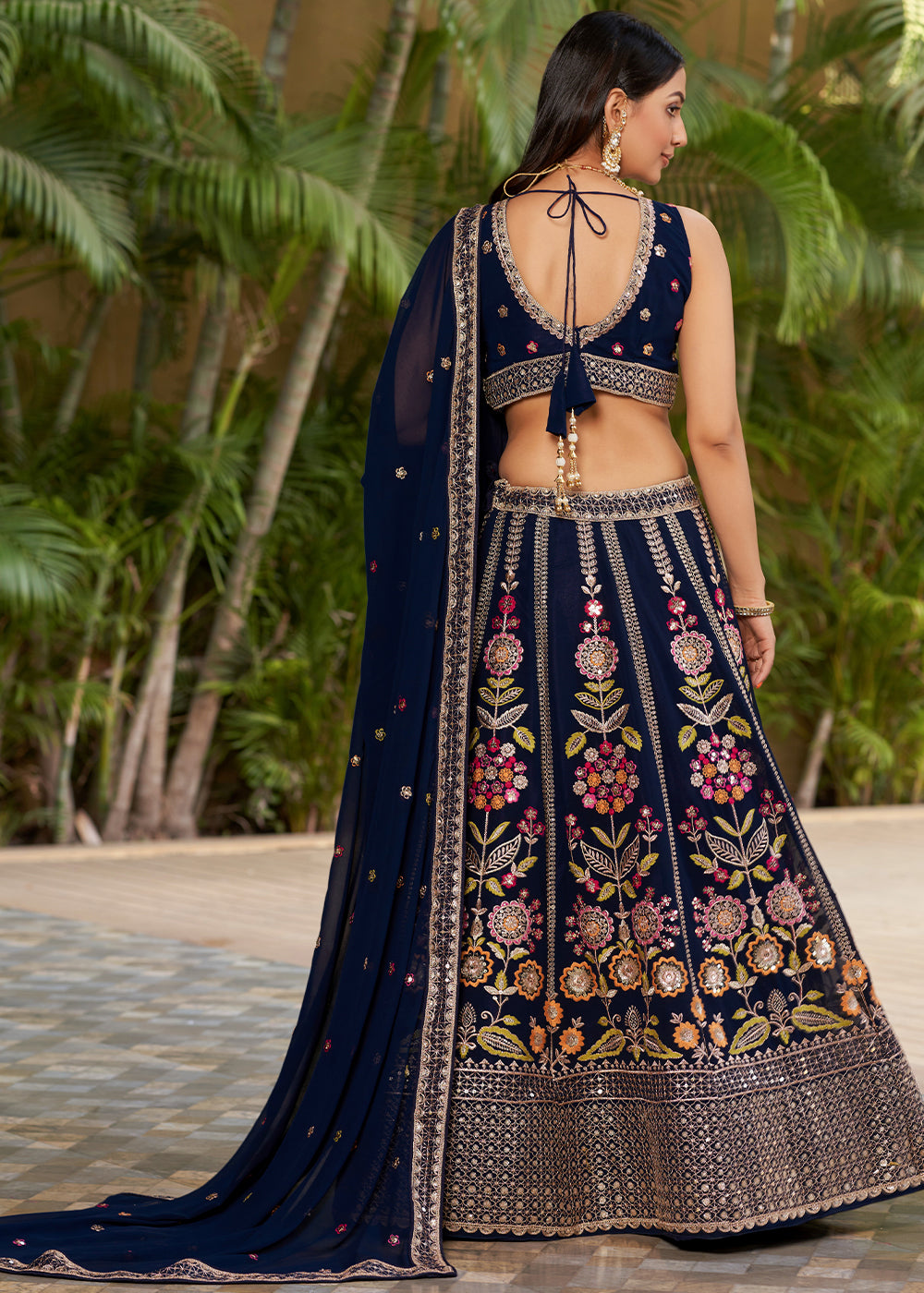 Navy Blue Georgette Lehenga Choli with Sequins,Zari & Thread Embroidery work