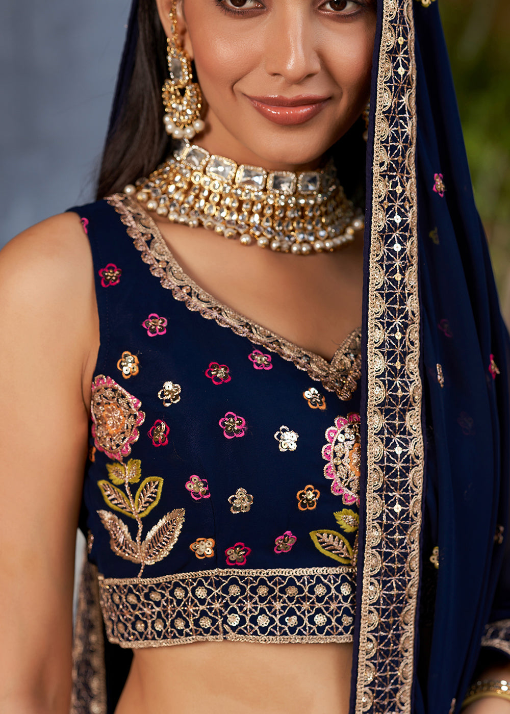 Navy Blue Georgette Lehenga Choli with Sequins,Zari & Thread Embroidery work