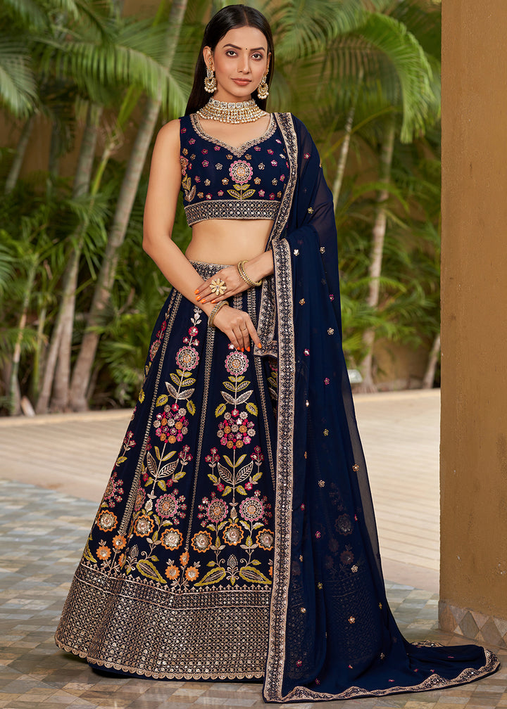 Navy Blue Georgette Lehenga Choli with Sequins,Zari & Thread Embroidery work