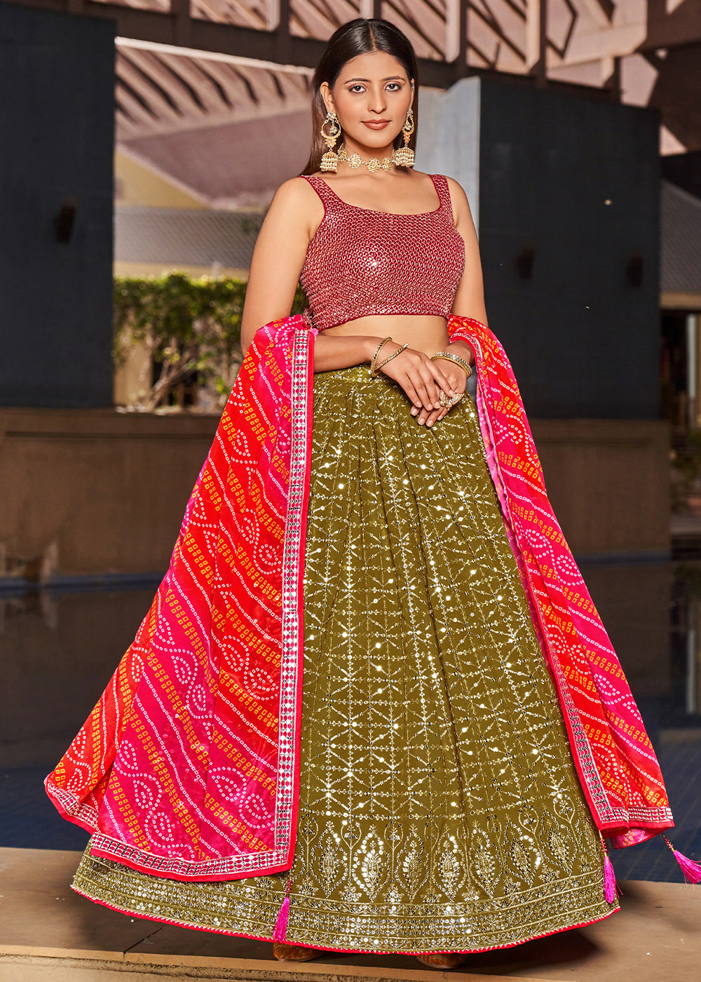 Olive Green & Pink Georgette Lehenga Choli with Sequins,Zari & Thread Embroidery work