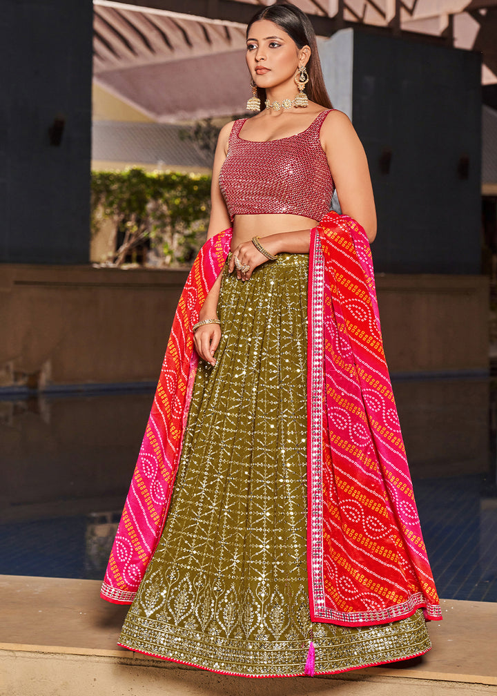 Olive Green & Pink Georgette Lehenga Choli with Sequins,Zari & Thread Embroidery work