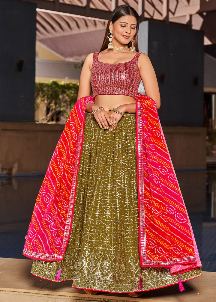 Olive Green & Pink Georgette Lehenga Choli with Sequins,Zari & Thread Embroidery work