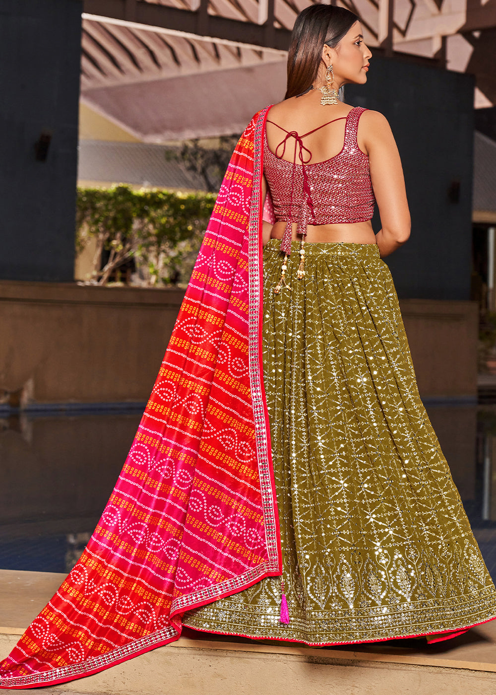 Olive Green & Pink Georgette Lehenga Choli with Sequins,Zari & Thread Embroidery work