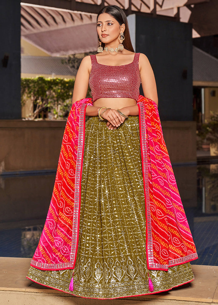 Olive Green & Pink Georgette Lehenga Choli with Sequins,Zari & Thread Embroidery work