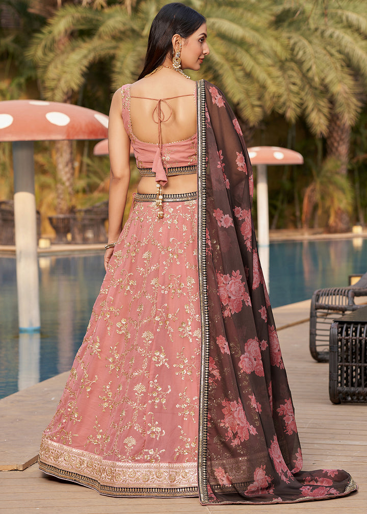 Rouge Pink Georgette Lehenga Choli with Sequins,Zari & Thread Embroidery work