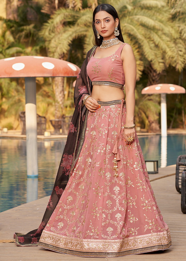 Rouge Pink Georgette Lehenga Choli with Sequins,Zari & Thread Embroidery work