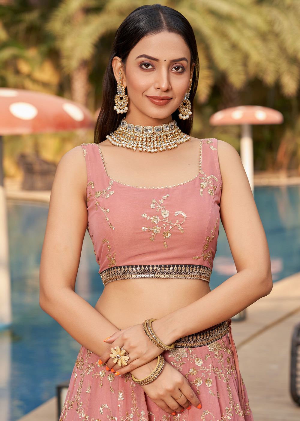 Rouge Pink Georgette Lehenga Choli with Sequins,Zari & Thread Embroidery work