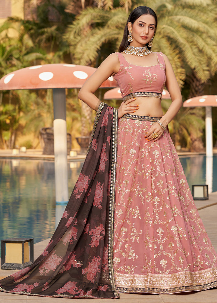 Rouge Pink Georgette Lehenga Choli with Sequins,Zari & Thread Embroidery work