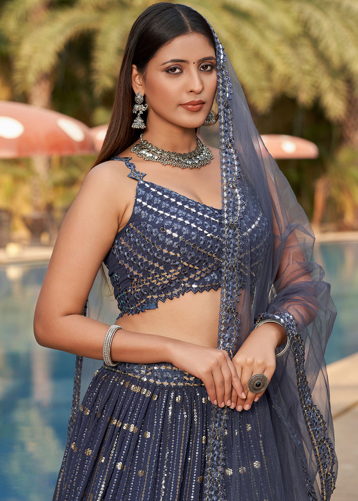 Slate Grey Georgette Lehenga Choli with Sequins,Zari & Thread Embroidery work