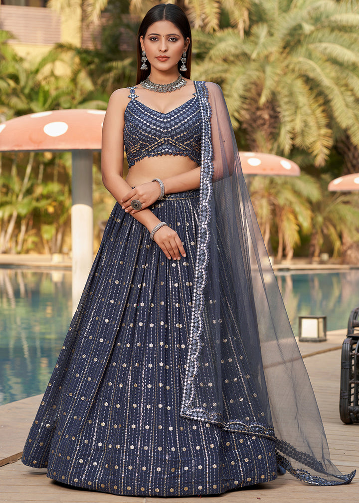 Slate Grey Georgette Lehenga Choli with Sequins,Zari & Thread Embroidery work