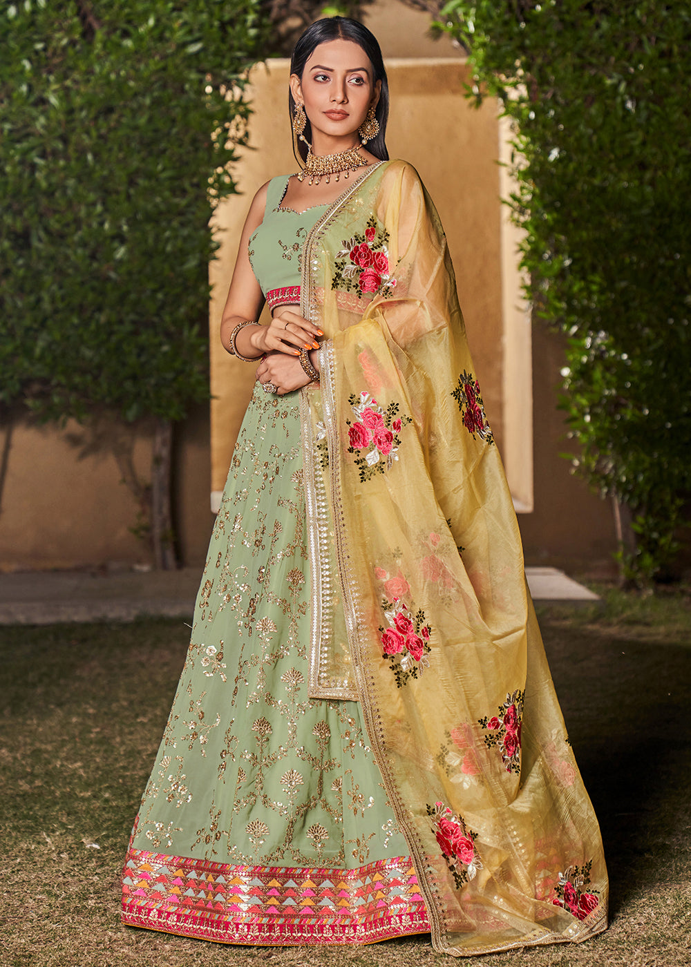 Light Green Georgette Lehenga Choli with Sequins,Zari & Thread Embroidery work