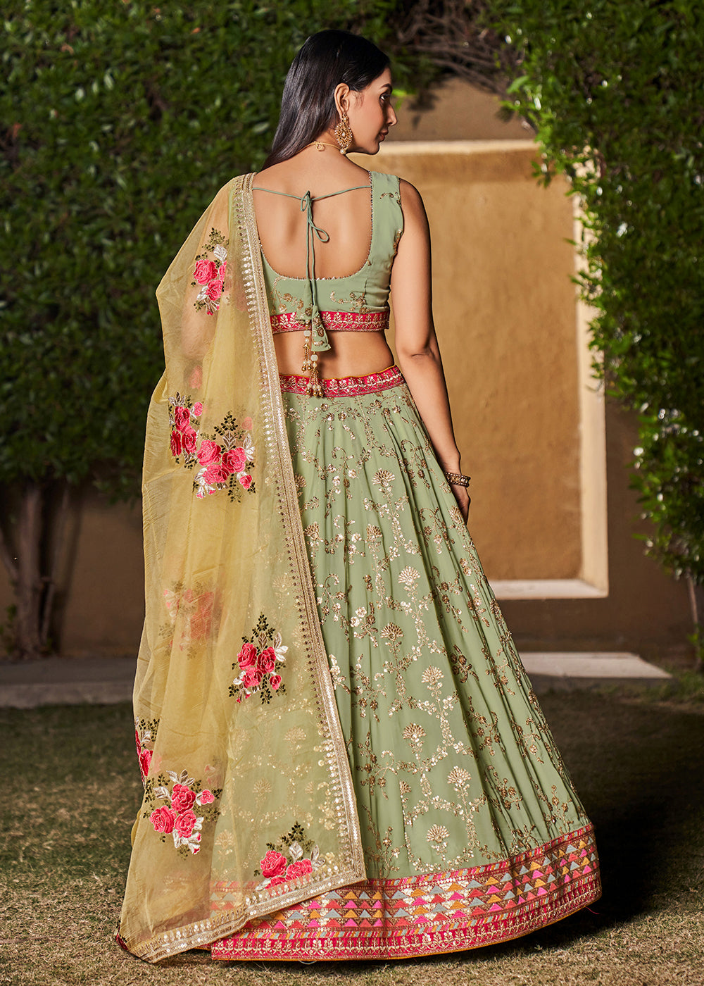 Light Green Georgette Lehenga Choli with Sequins,Zari & Thread Embroidery work