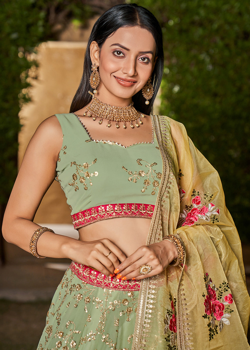 Light Green Georgette Lehenga Choli with Sequins,Zari & Thread Embroidery work