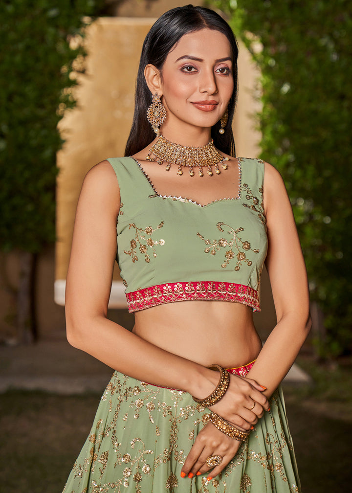 Light Green Georgette Lehenga Choli with Sequins,Zari & Thread Embroidery work