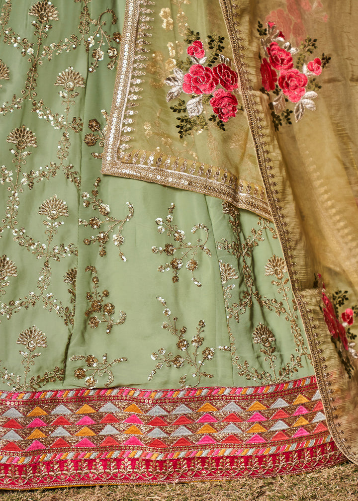 Light Green Georgette Lehenga Choli with Sequins,Zari & Thread Embroidery work