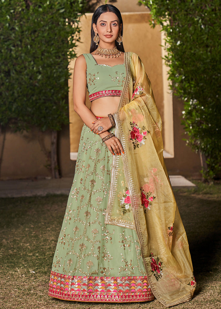 Light Green Georgette Lehenga Choli with Sequins,Zari & Thread Embroidery work