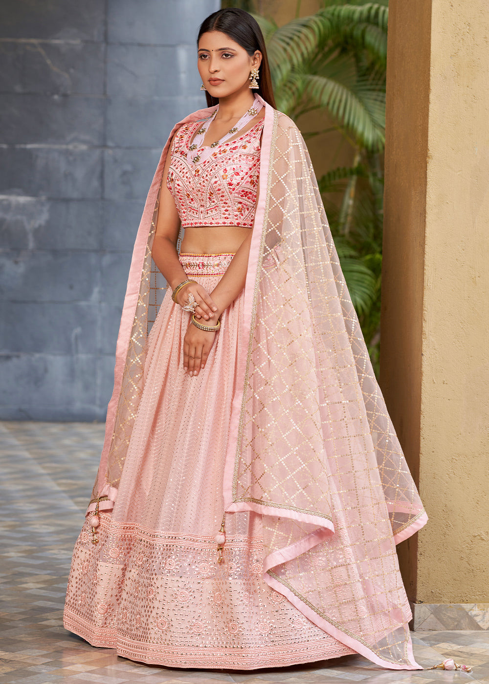 Blossom Pink Georgette Lehenga Choli with Sequins,Zari & Thread Embroidery work