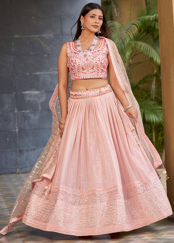 Blossom Pink Georgette Lehenga Choli with Sequins,Zari & Thread Embroidery work