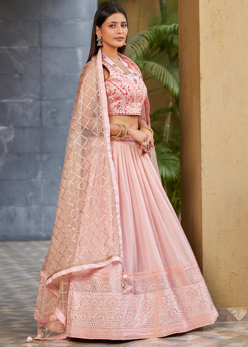 Blossom Pink Georgette Lehenga Choli with Sequins,Zari & Thread Embroidery work