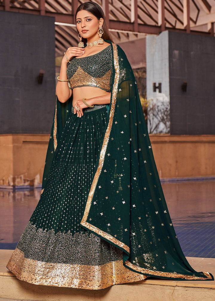 Sacramento Green Georgette Lehenga Choli with Sequins,Zari & Thread Embroidery work