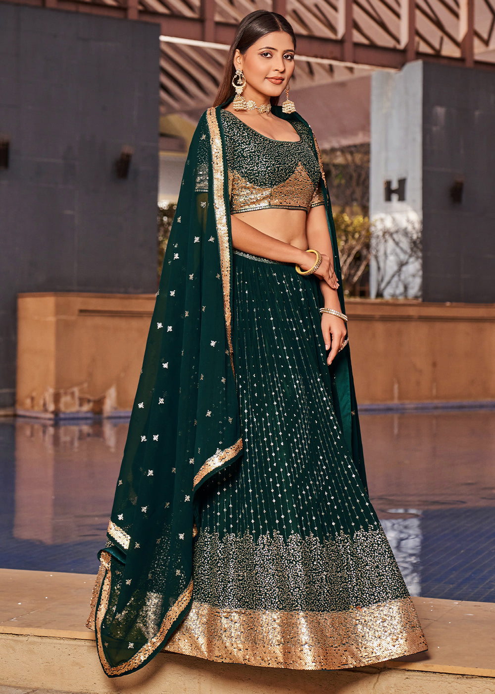 Sacramento Green Georgette Lehenga Choli with Sequins,Zari & Thread Embroidery work