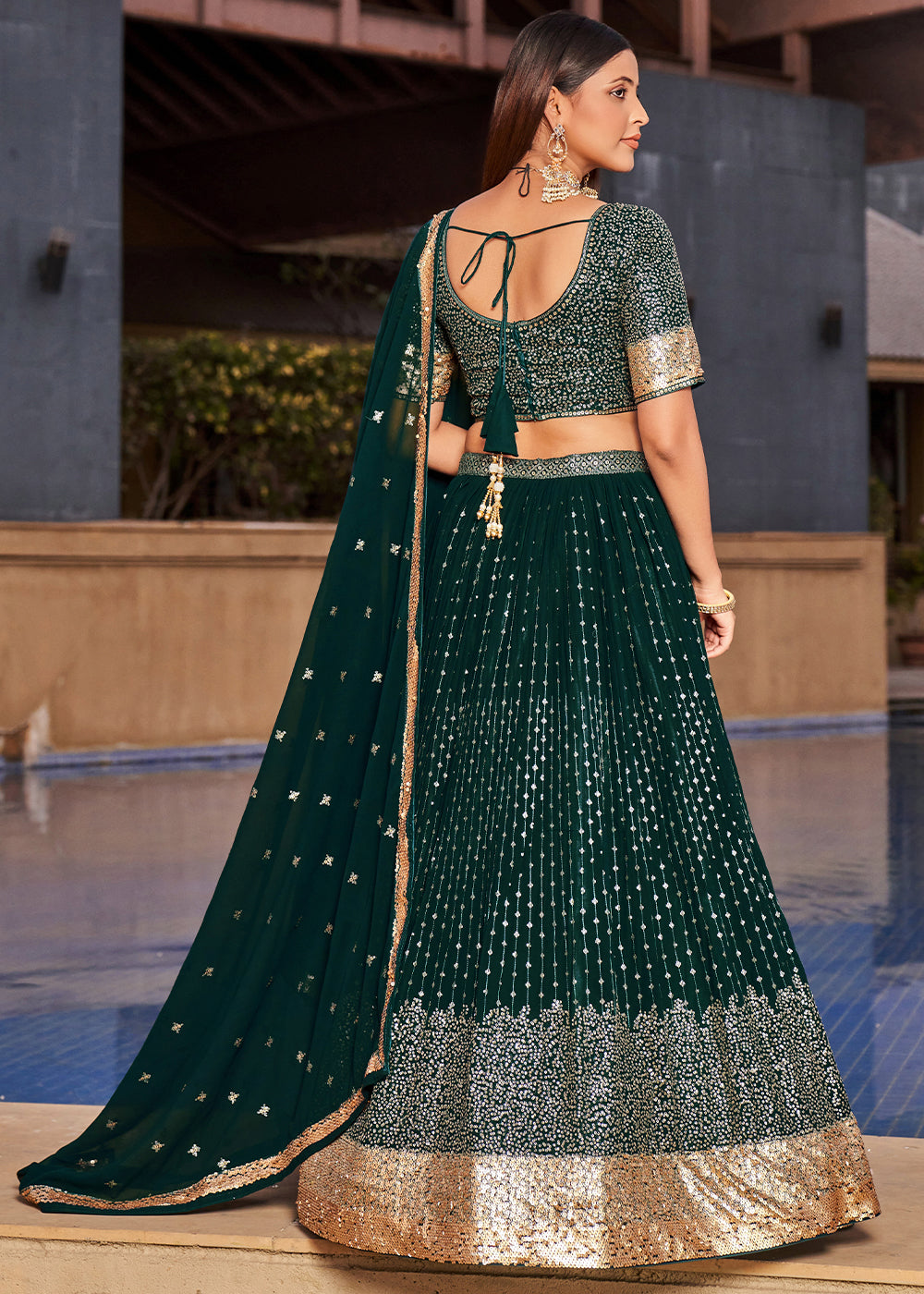 Sacramento Green Georgette Lehenga Choli with Sequins,Zari & Thread Embroidery work