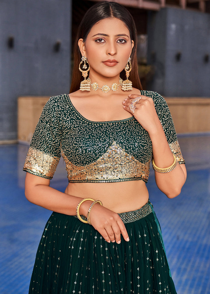 Sacramento Green Georgette Lehenga Choli with Sequins,Zari & Thread Embroidery work