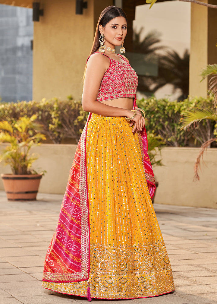 Butter Yellow Georgette Lehenga Choli with Sequins,Zari & Thread Embroidery work