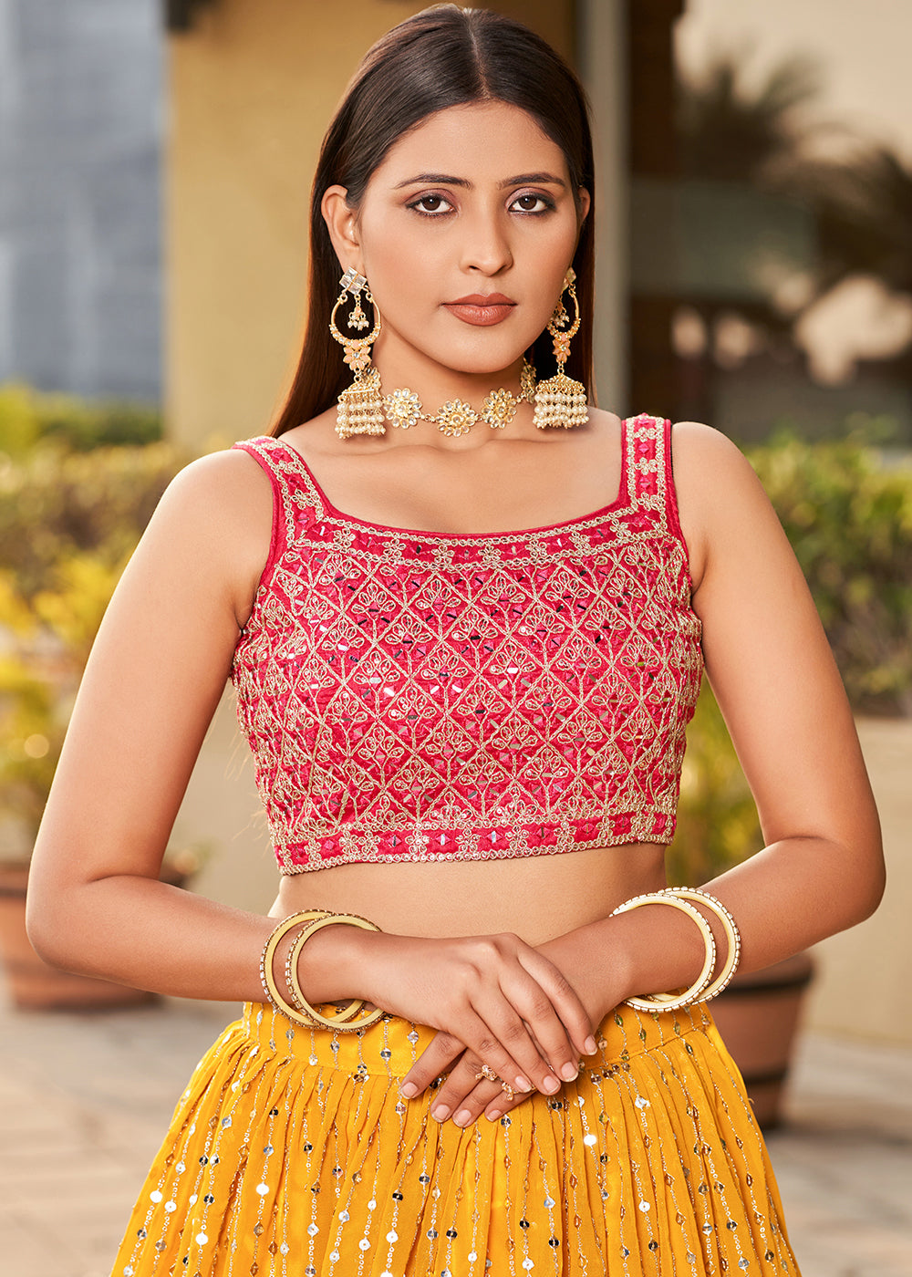 Butter Yellow Georgette Lehenga Choli with Sequins,Zari & Thread Embroidery work