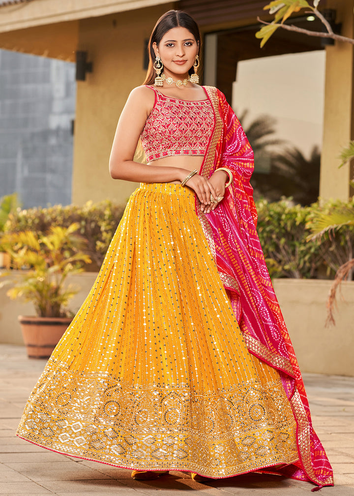 Butter Yellow Georgette Lehenga Choli with Sequins,Zari & Thread Embroidery work