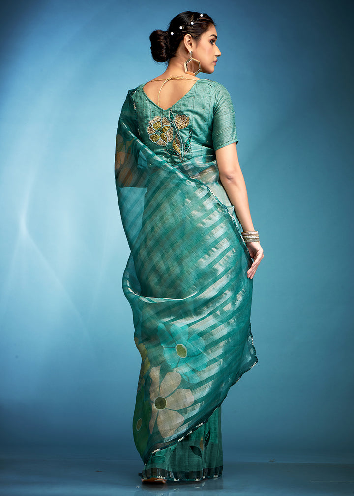 Shades Of Green Floral Printed Tissue Silk Saree